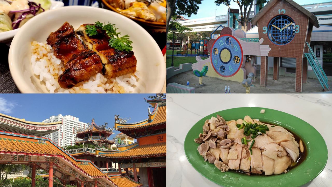 Top left: Edo ichi Japanese restaurant, top right: clock playground, bottom left: monastery, bottom right: Ming Kee chicken rice --- collage of different things to eat or do in Bishan